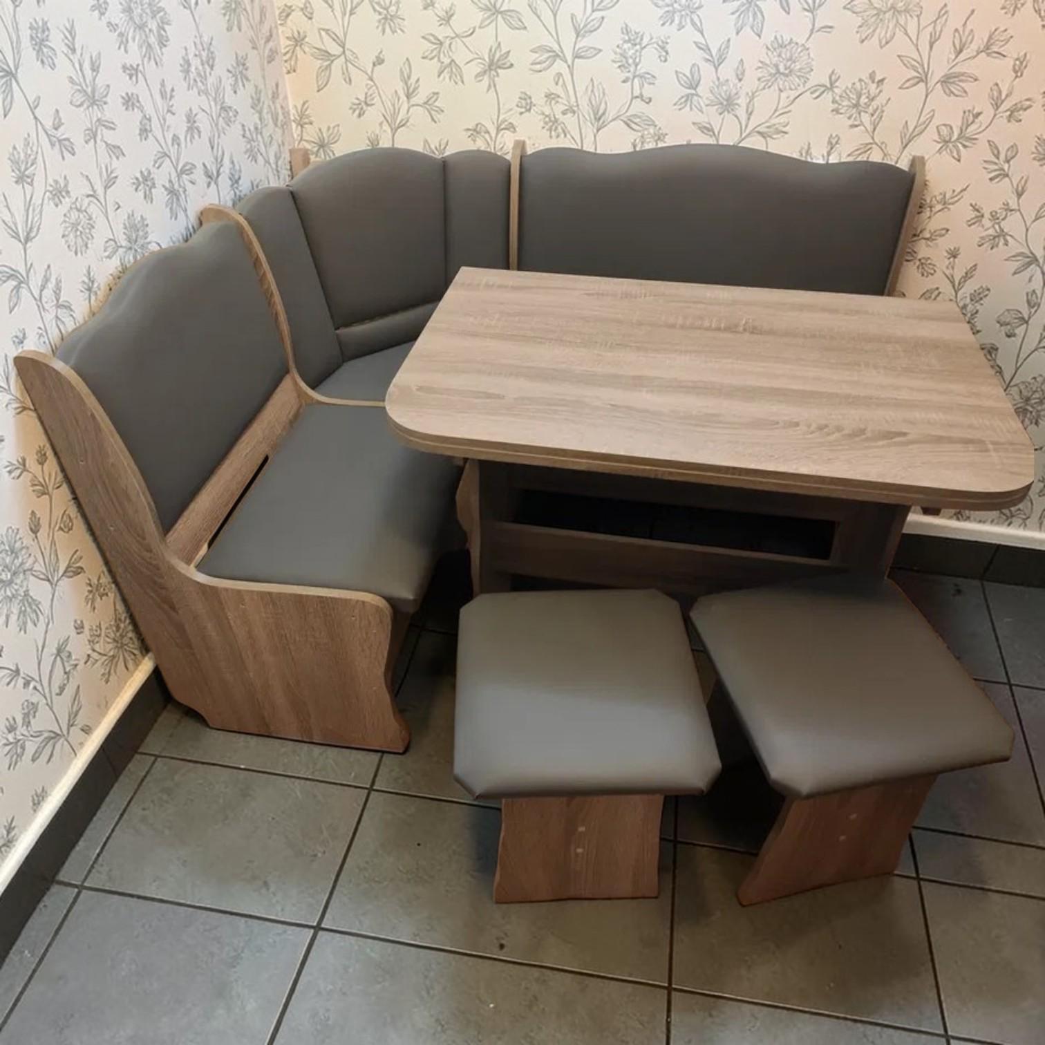 Кухонный уголок Гарант со столом и табуретками ДСП/экокожа 140х110 см Дуб Винтаж/Серый (KSTT-DV-ES) Кухонный уголок Гарант со столом и табуретками ДСП/экокожа 140х110 см Дуб Винтаж/Серый (KSTT-DV-ES)