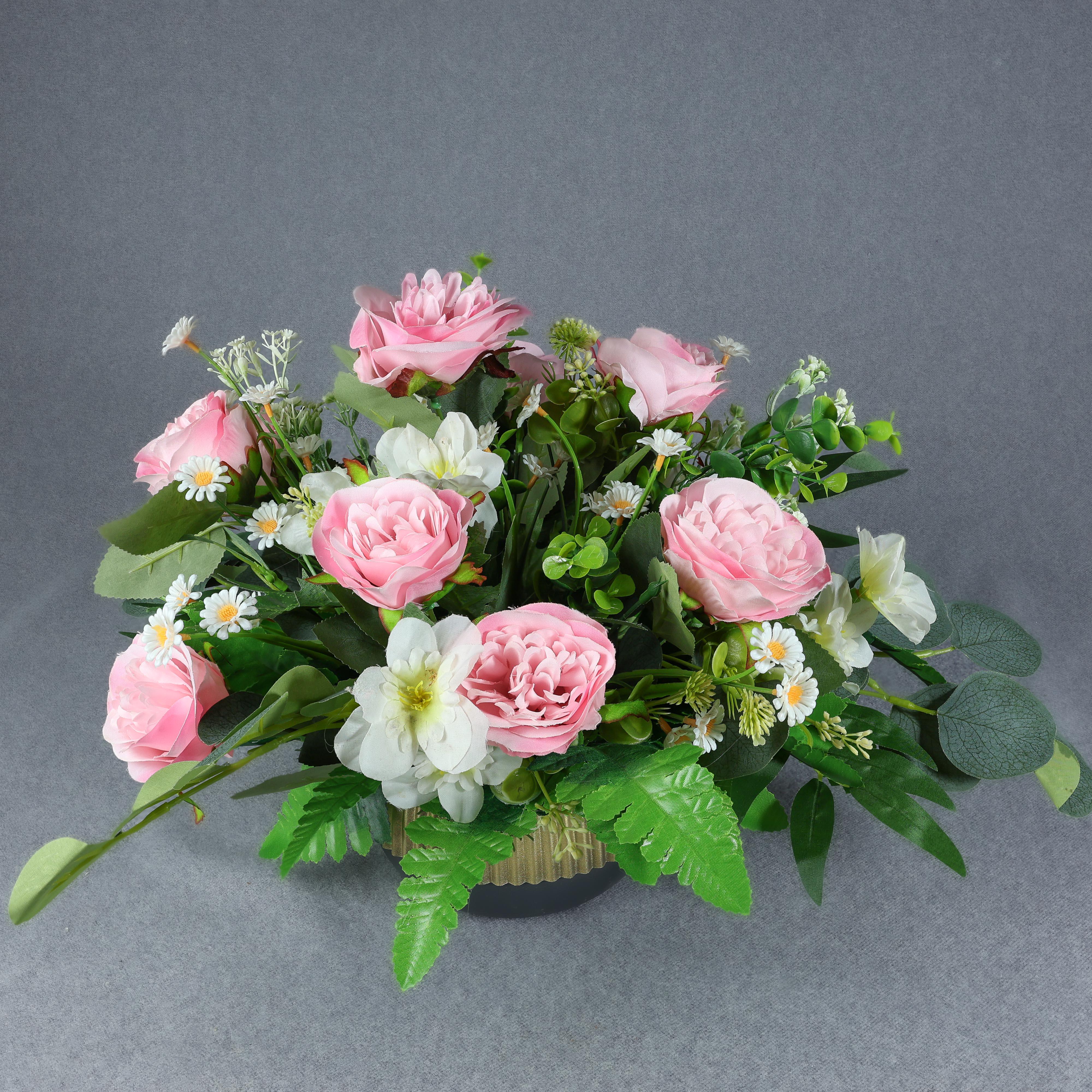 Композиция надгробная GALA DECOR с искусственными цветами в отягощенном золотисто-сером кашпо (КЗС3045Р)