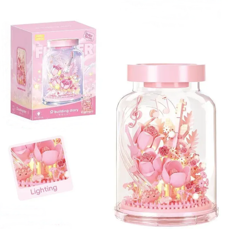 Конструктор детский блоковый Цветы с гитарой в колбе с подсветкой 408 детали 15,2х10х10 см Розовый (866053)