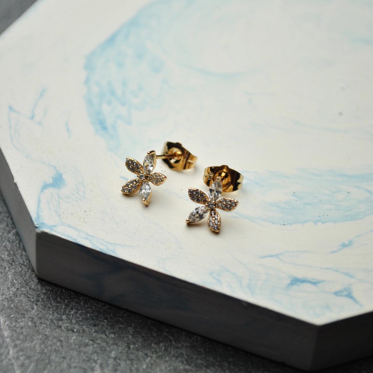 Сережки гвоздики цветы с фианитами медицинская сталь позолота (x174-2)