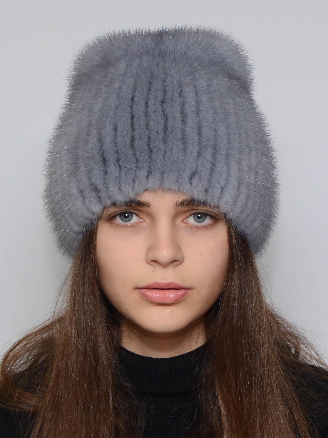 Зимняя шапка-кубанка из вязаной норки Меховой стиль Хвост натуральный мех M-L Сапфир (109/Е)