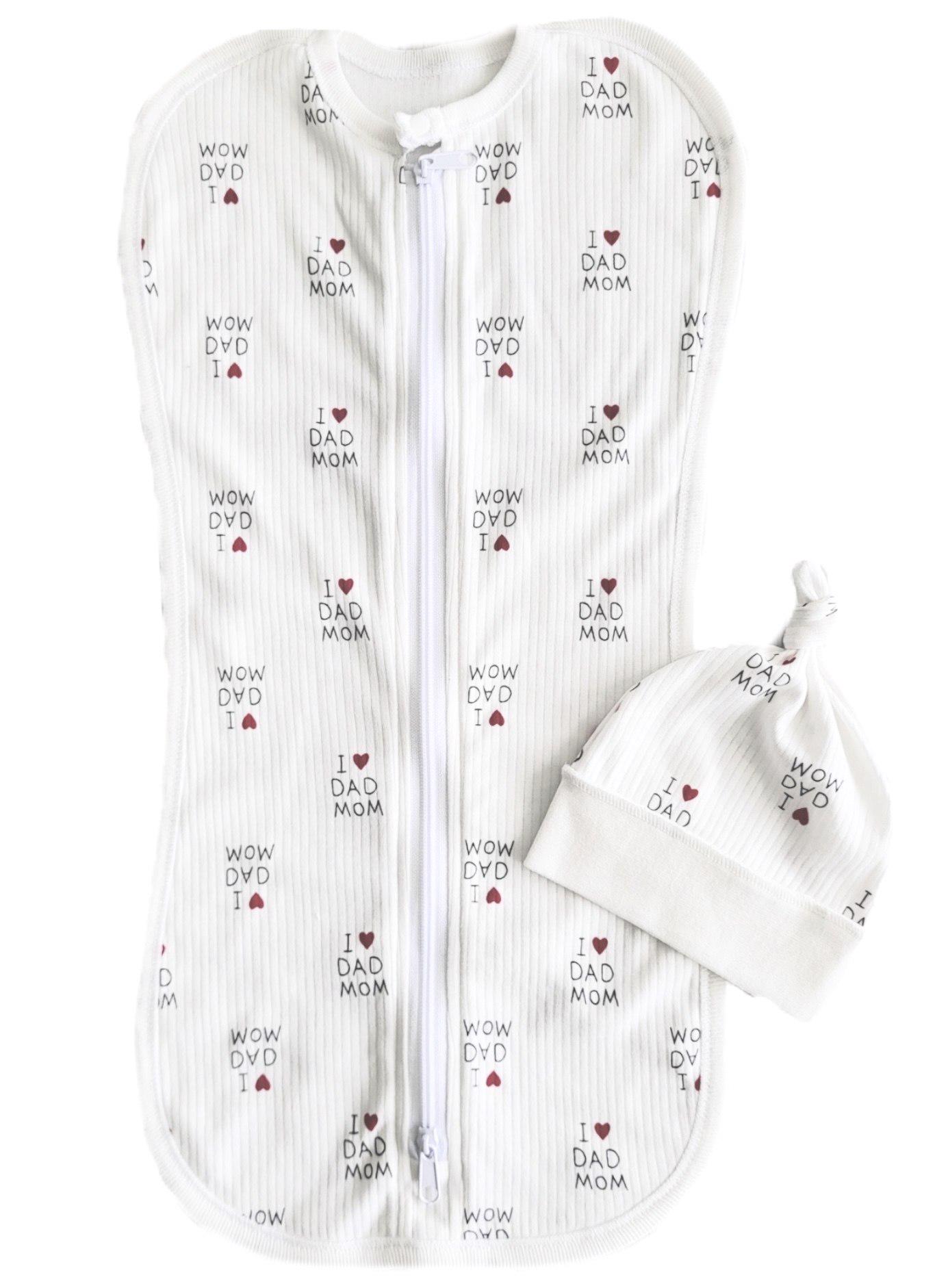 Пеленка-кокон на молнии евро с шапочкой I Love Dad Mom интерлок №60 0-6 мес. Белый (143222)