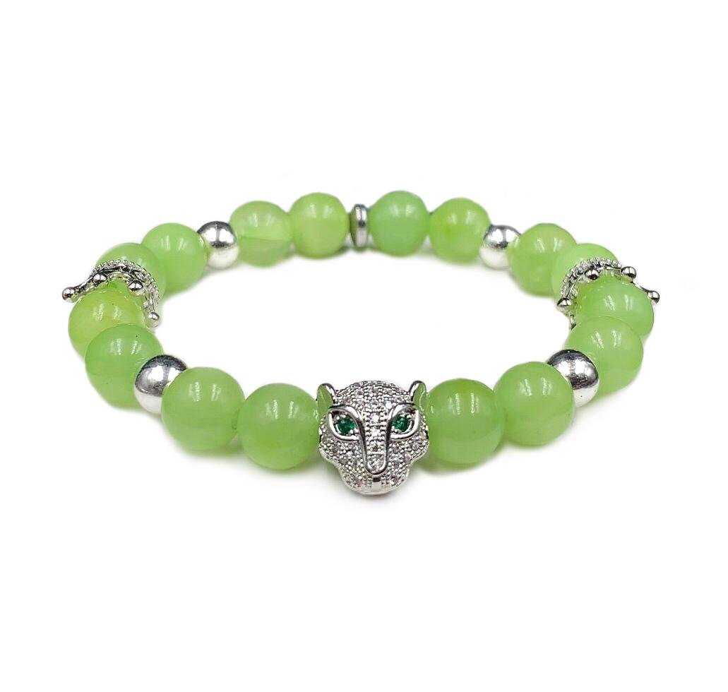 Браслет з оніксу та гематиту з пантерою та коронками р. 18 (13019)