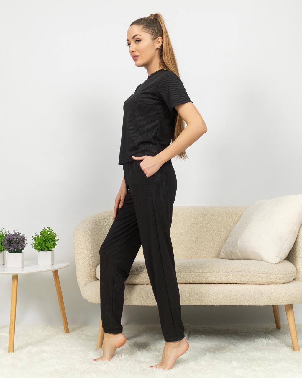 Піжама жіноча з рубчику футболка і штани Чорний (2188007696) - фото 2 Піжама жіноча з рубчику футболка і штани Чорний (2188007696) - фото 2