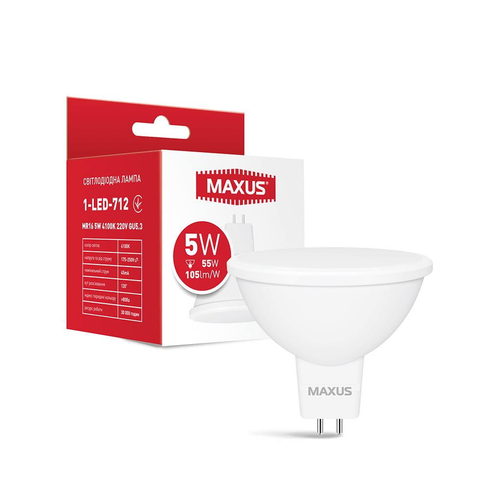 Лампа світлодіодна MAXUS MR16 5W 4100K 220V GU5.3 1-LED-712 (2221395478)