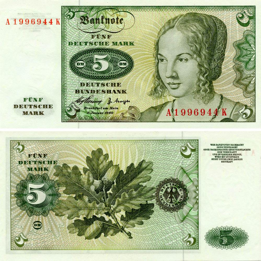 Коллекционная банкнота Германия 5 марок 1960 UNC ФРГ P18 (Б17973)