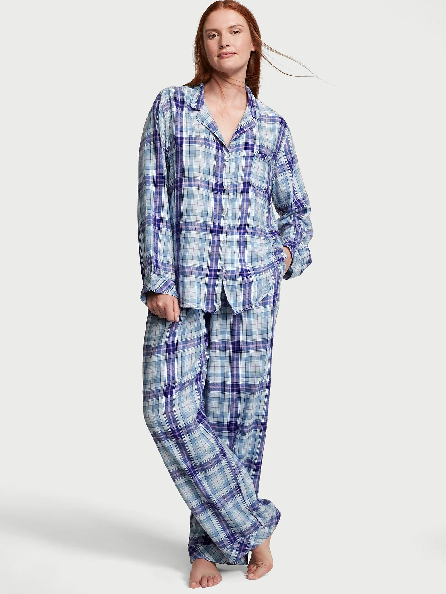 Піжама жіноча фланелева Victoria's Secret Flannel Long Pajama Set XS Блакитно-білий (15121926)