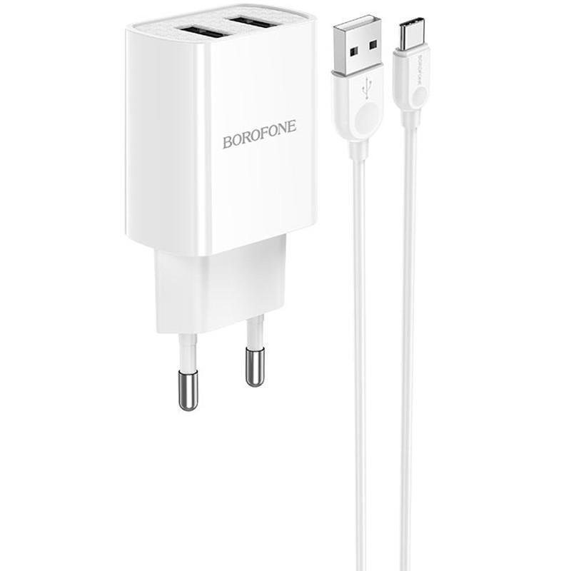 Зарядное сетевое устройство универсальное Borofone BA53A Powerway 2USB 2,1A с кабелем Type-C White