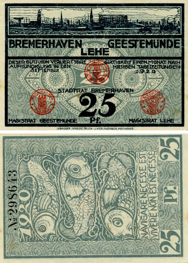 Коллекционная банкнота Германия нотгельд 25 пфеннигов 1920 F-VF Ганновер (Б16089)