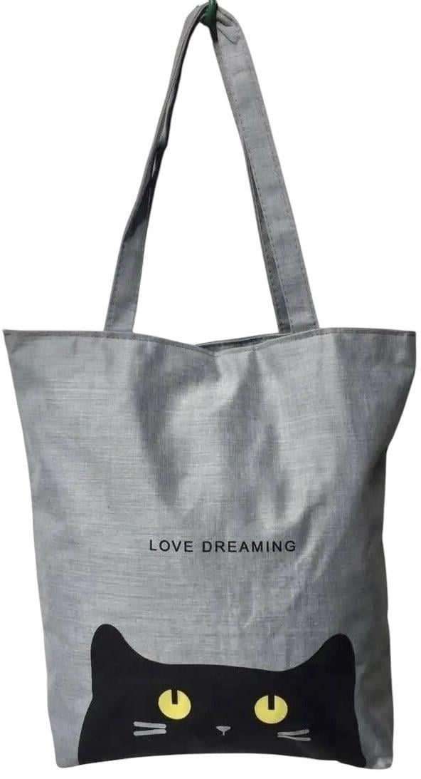Шопер женский тканевый повседневный на подкладке и близнеце с принтом Кота с желтыми глазами Серый (026)