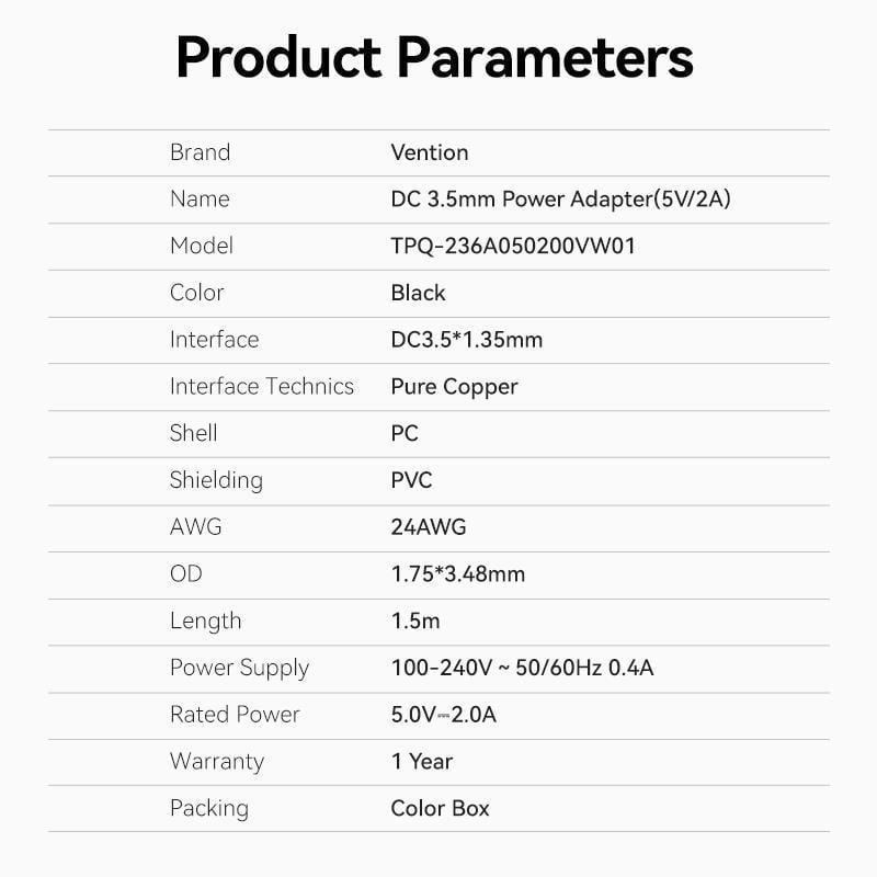 Блок питания Vention DC 3,5 мм х 1.35 мм 10W 5В/2А AC-DC Черный (TPQ-236A050200VW01) - фото 8 Блок питания Vention DC 3,5 мм х 1.35 мм 10W 5В/2А AC-DC Черный (TPQ-236A050200VW01) - фото 8