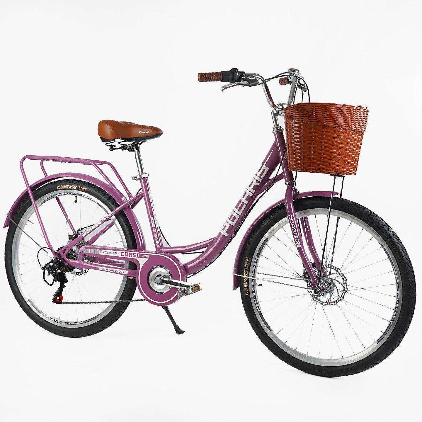Велосипед міський Corso Polaris з кошиком та багажником рама 16,5"/26" Рожевий - фото 2 Велосипед міський Corso Polaris з кошиком та багажником рама 16,5"/26" Рожевий - фото 2