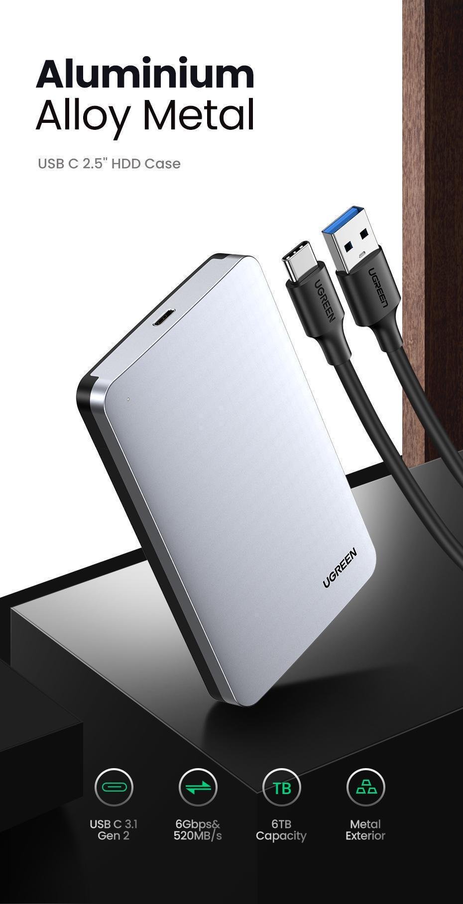 Кишеня зовнішня Ugreen 2.5 USB-C 0.5 м (70499) - фото 2 Кишеня зовнішня Ugreen 2.5 USB-C 0.5 м (70499) - фото 2