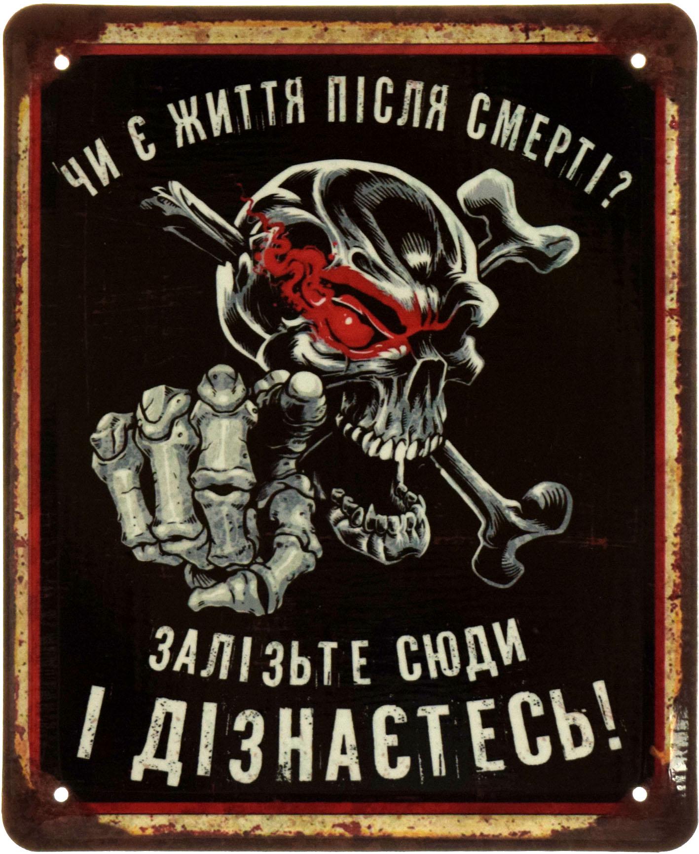 Табличка металева "Чи Є Життя Після смерті? Залізьте Сюди І Дізнаєтесь!" 18x22 см