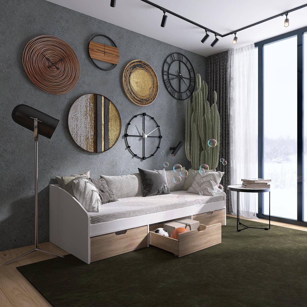 Кровать односпальная Еверест с ящиками Комфорт-3 сплошной щит 80x190 см Белый/Дуб сонома (EVR-20705)