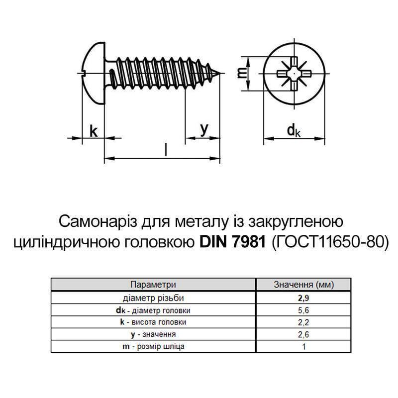 Саморез Metalvis DIN7981 2,9х22 PH1 полная резьба полукруглая головка цинк белый 1000 шт. (805200000805292220) - фото 2