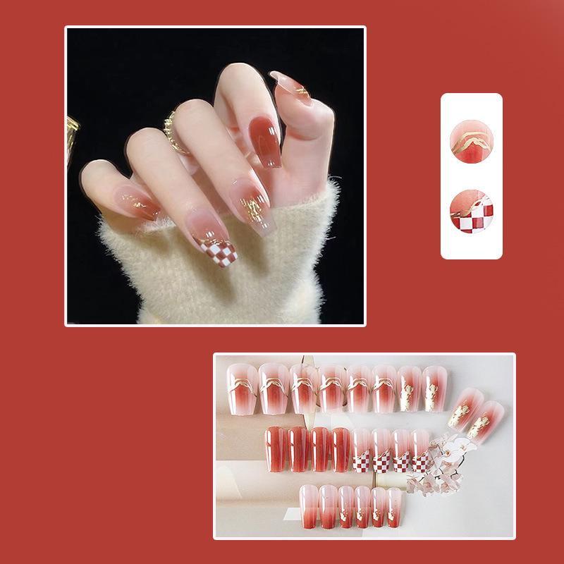 Накладные ногти бордовый градиент с золотым и клеточкой Bananahall 24 шт. LK13372 Красный (A9763) - фото 6 Накладные ногти бордовый градиент с золотым и клеточкой Bananahall 24 шт. LK13372 Красный (A9763) - фото 6