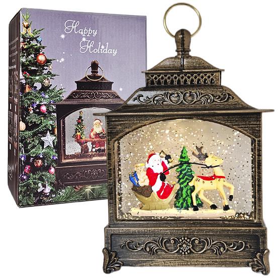 Ночник-фонарь новогодний музыкальный Санта в пути с блестками 19 см (2817716874)