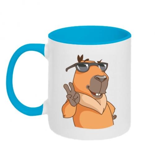 Чашка керамическая двухцветная Капибара в очках 320 мл Бело-голубой (13452249-33-184887)