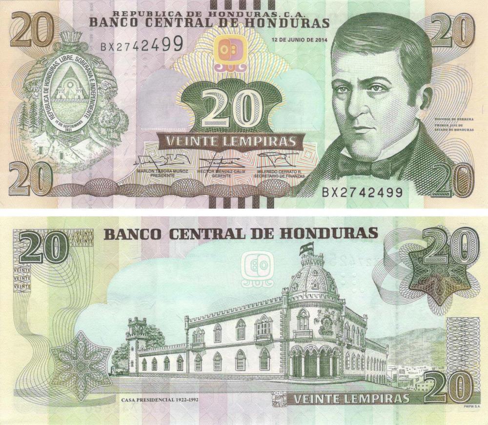 Колекційна банкнота Гондурас 20 лемпір 2014 UNC P100 (Б09308)