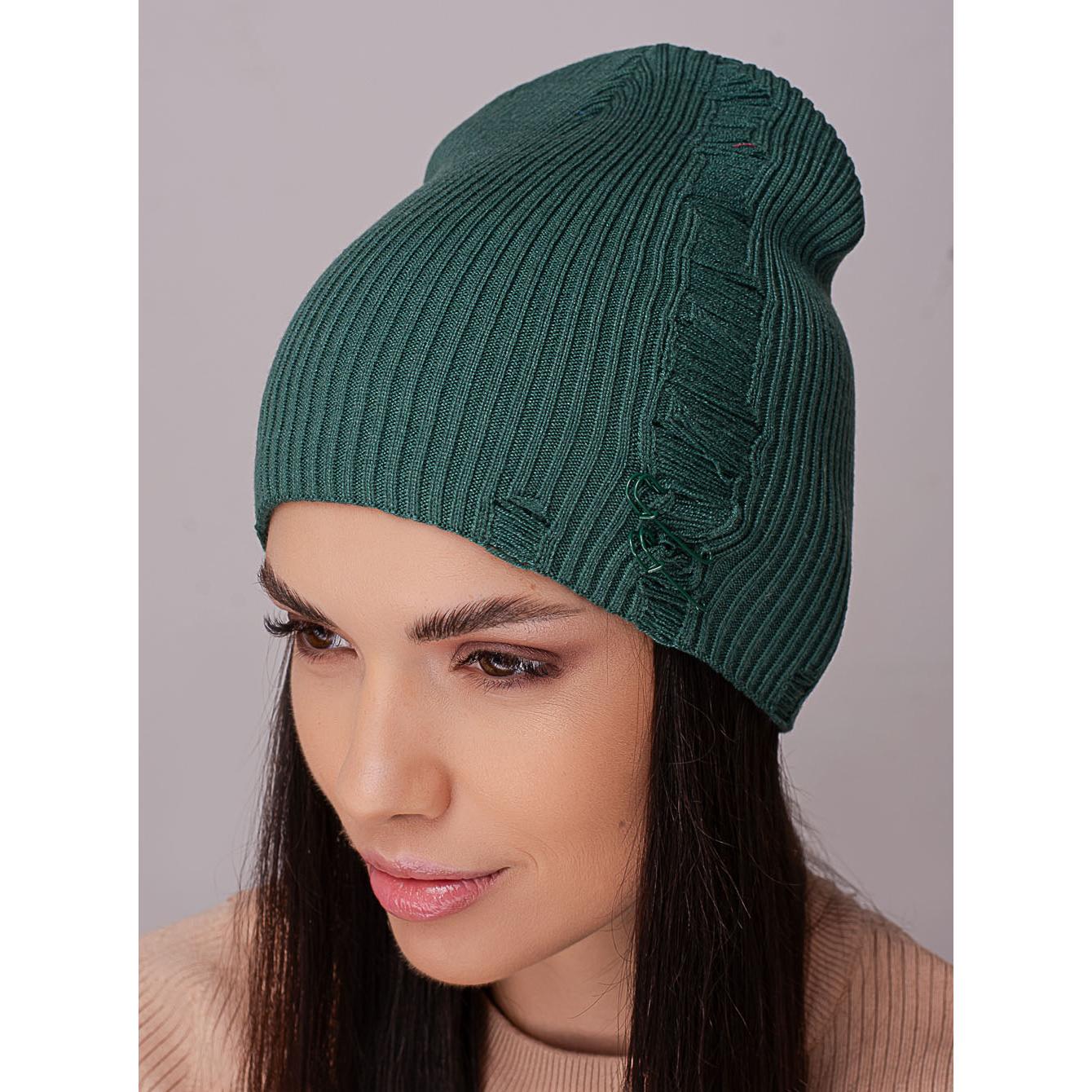 Шапка женская Leks ЧИКАГО без отворота двойная рваная со шпильками в рубчик one size Темно-Зеленый (215419) - фото 1
