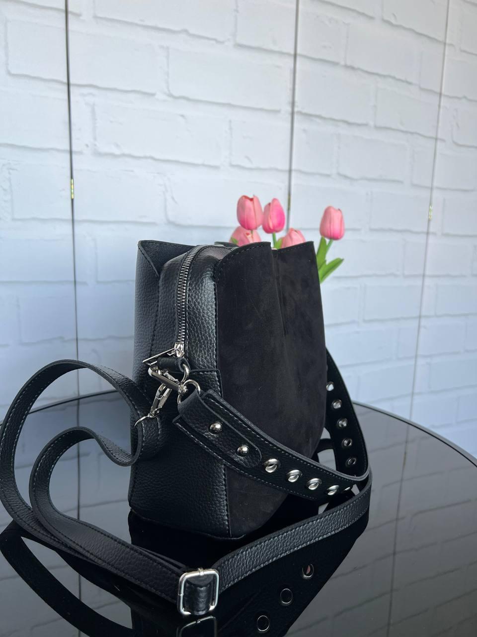 Сумка кросс боде женская через плечо с тремя отделениями из замши и экокожи Черный - фото 5 Сумка кросс боде женская через плечо с тремя отделениями из замши и экокожи Черный - фото 5