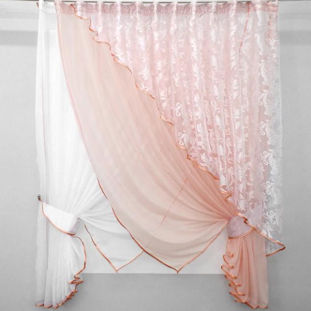 Занавеска кухонная 300х170 см Персиковый/Белый (063к)