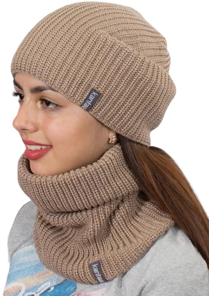 Шапка вязаная с флисовой подкладкой и баф-снуд Бежевый (2142043031)