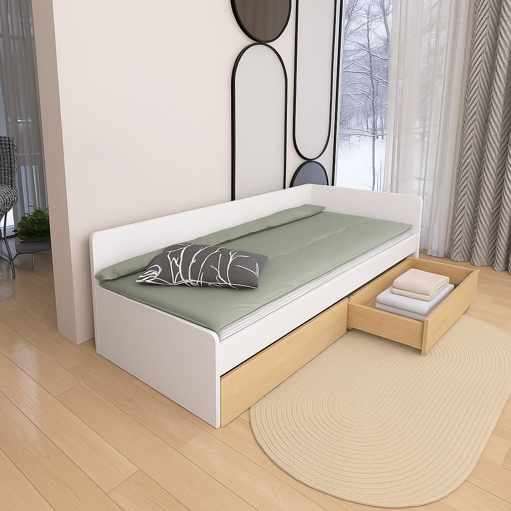 Кровать детская с ящиками Еверест 800 ЩИТ ДСП Белый/Дуб сонома (е-207455)