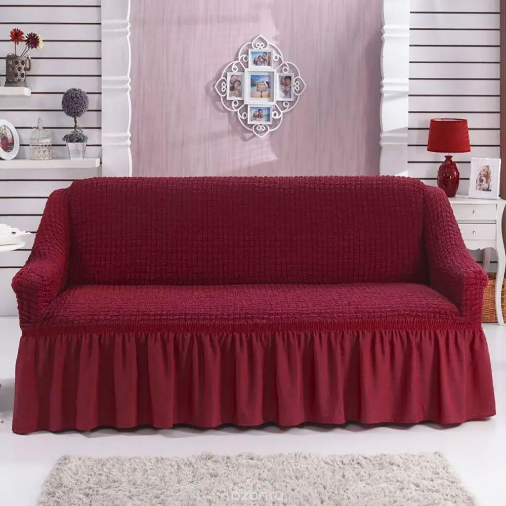 Чехол натяжной на диван с оборкой Бордовый (10-18-1233)
