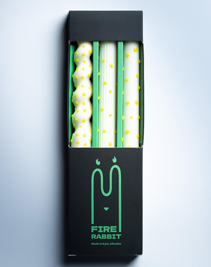 Набір із трьох столових соєвих свічок з жовтою крапкою FIRE RABBIT білий One size