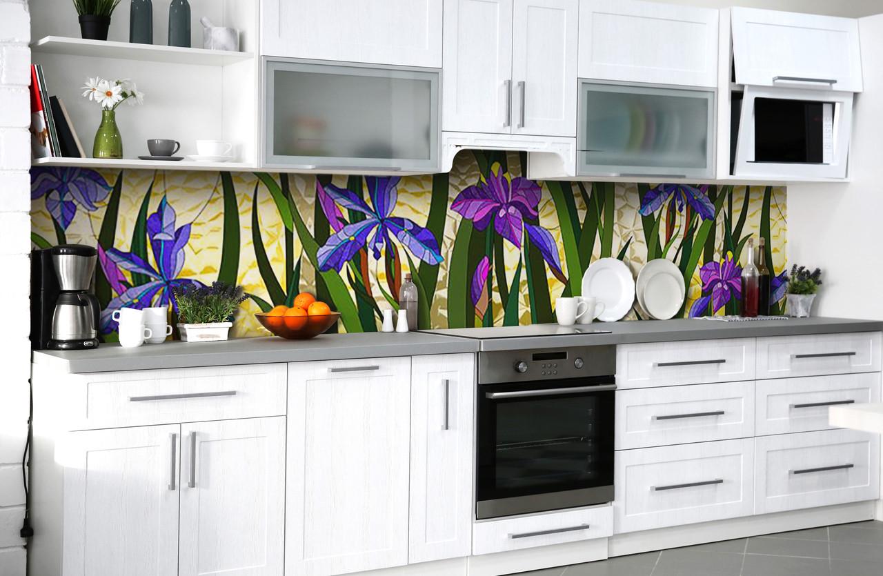 Кухонный фартук Синие ирисы трава из самоклеющейся виниловой пленки 65х250 см Зеленый