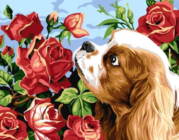 Картина по номерам Strateg Животные Собака в цветах 30х40 см в термопакете (SS-6429-mt)