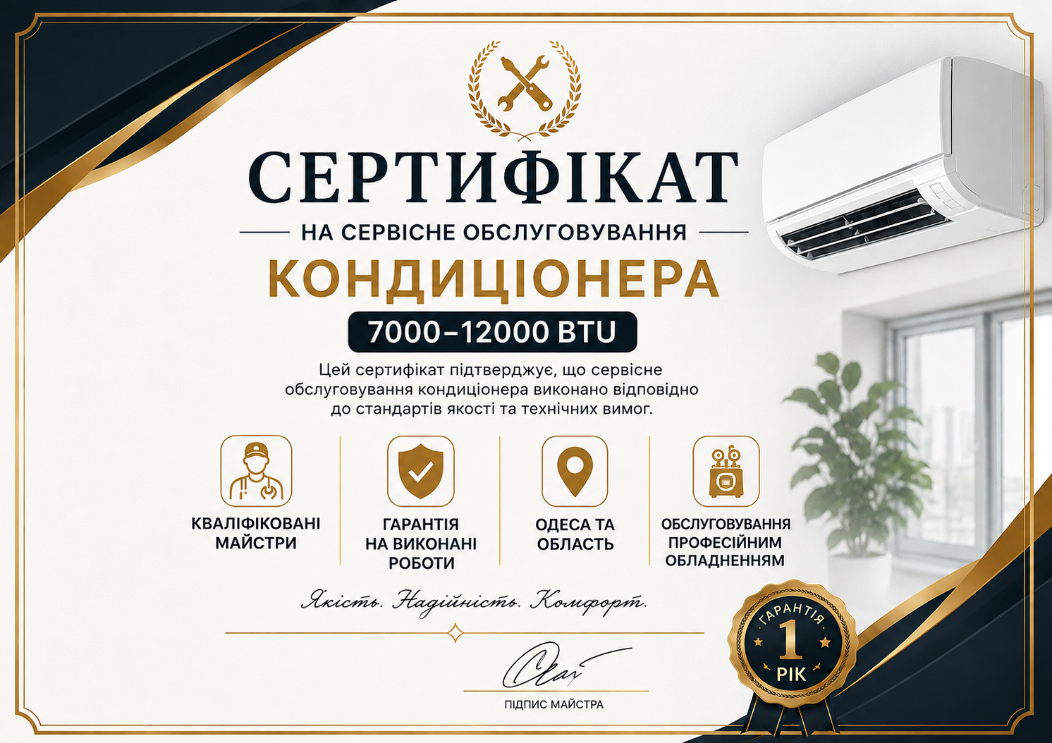 Сертификат на обслуживание кондиционера 7000-12000BTU