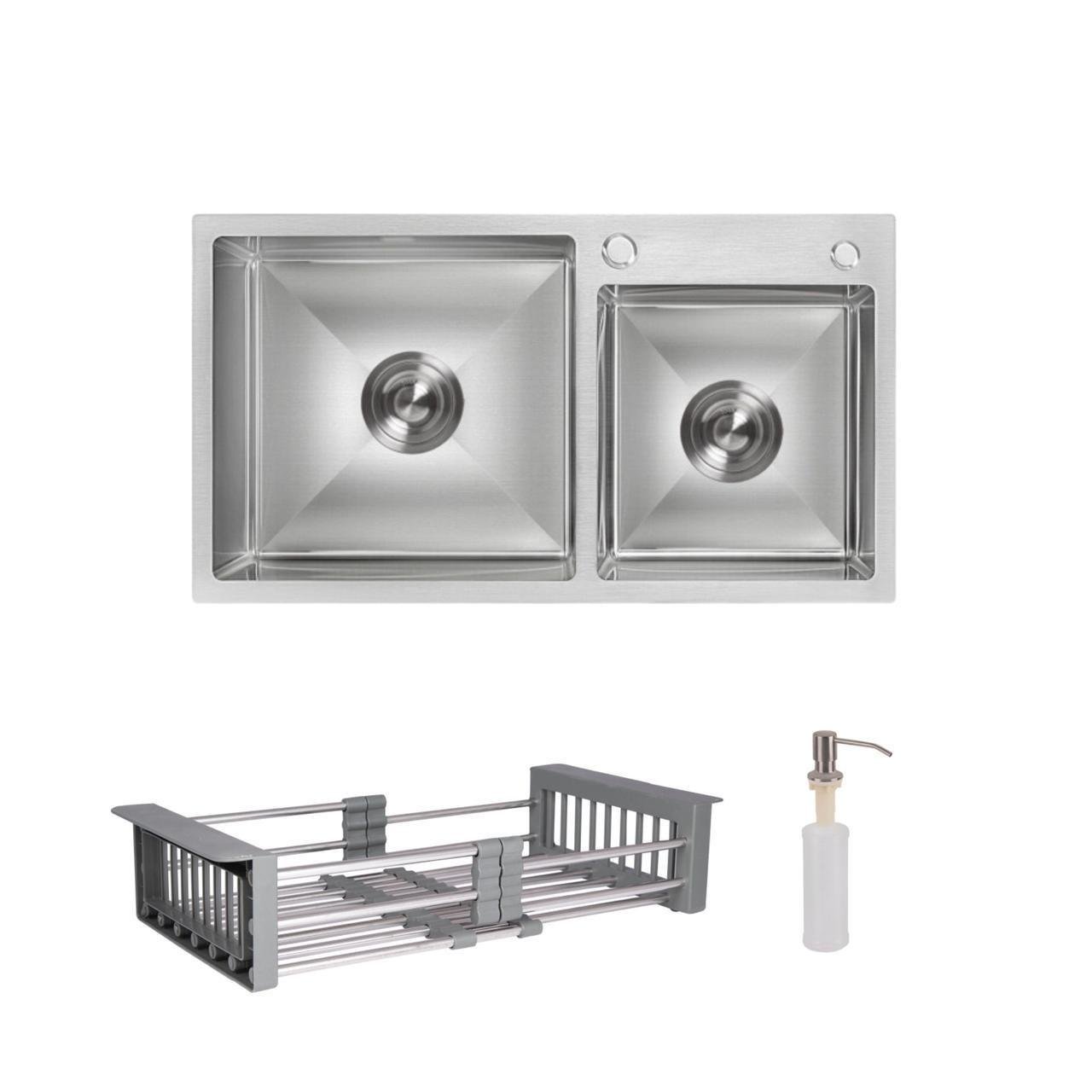 Комплект Lidz Handmade H7843 мийка для кухні з двома чашами інтегрована з дозатором та Lidz K01G кошик для сушки Brushed Комплект Lidz Handmade H7843 мийка для кухні з двома чашами інтегрована з дозатором та Lidz K01G кошик для сушки Brushed