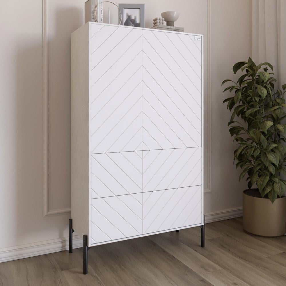 Комод-пенал с рельефной отделкой фасада и черными металлическими ножками Lion Амарант 84x40x150 см Бетон Style/Белый (Lion-042151)