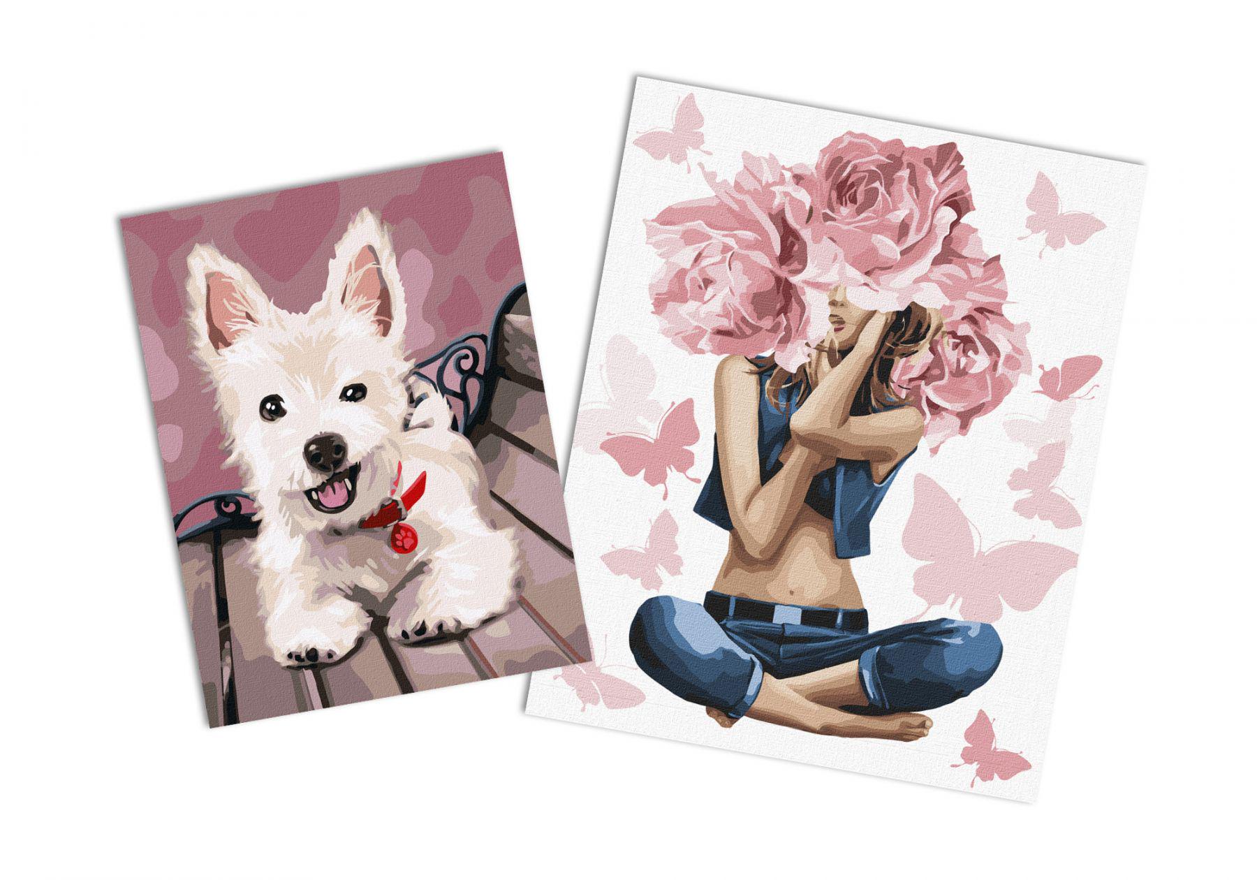 Набор картин по номерам Идейка 2в1 Девушка-роза 40x50 см KHO4798 и Игривый щенок 30x40 см KHO4289 (CKHO9889)