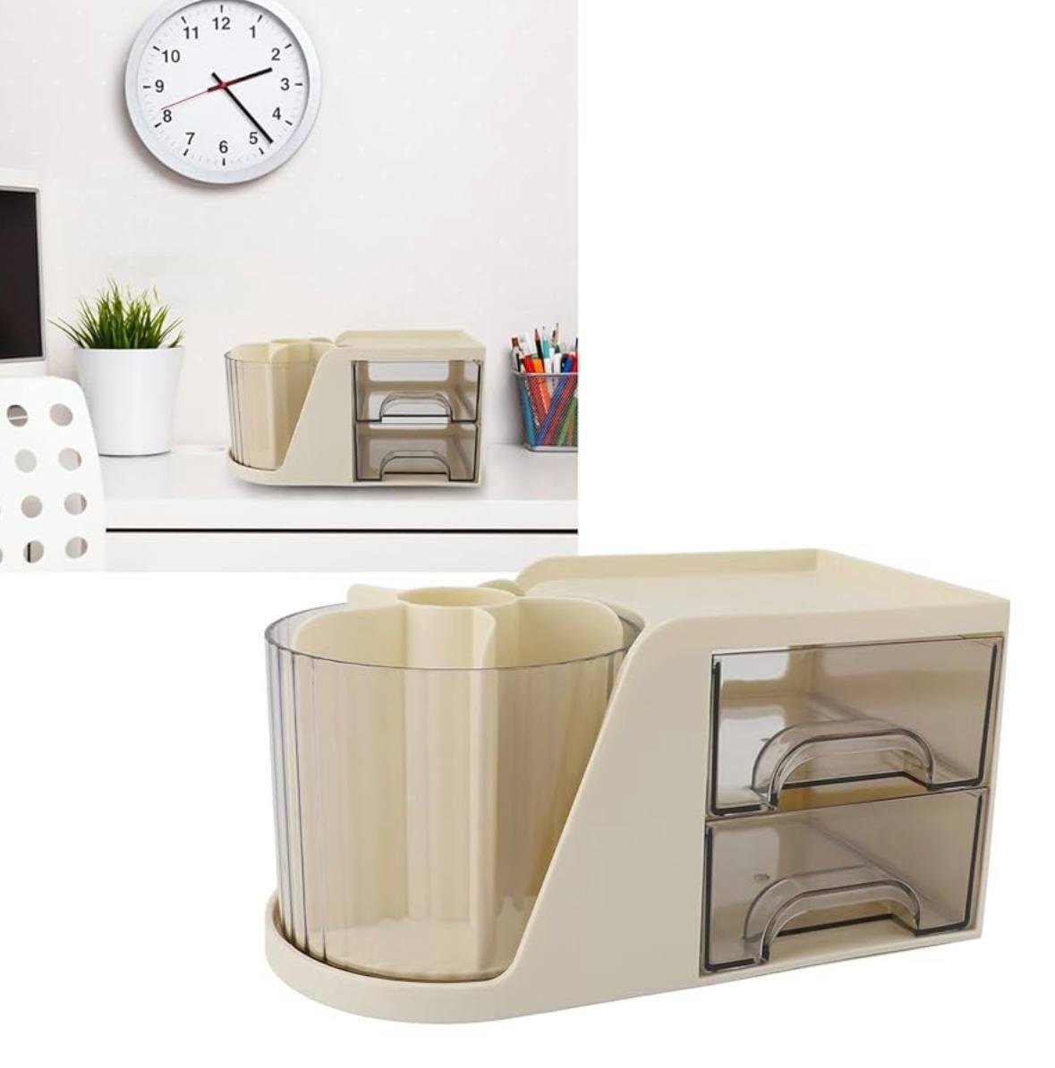 Органайзер для канцелярии с вращающимся стаканом на 6 отделений и выдвижными ящиками кремовый (5f2826fe) - фото 3