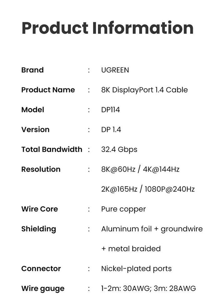 Кабель UGREEN DisplayPort v1.4 DP114 1,5 м (80391) - фото 12