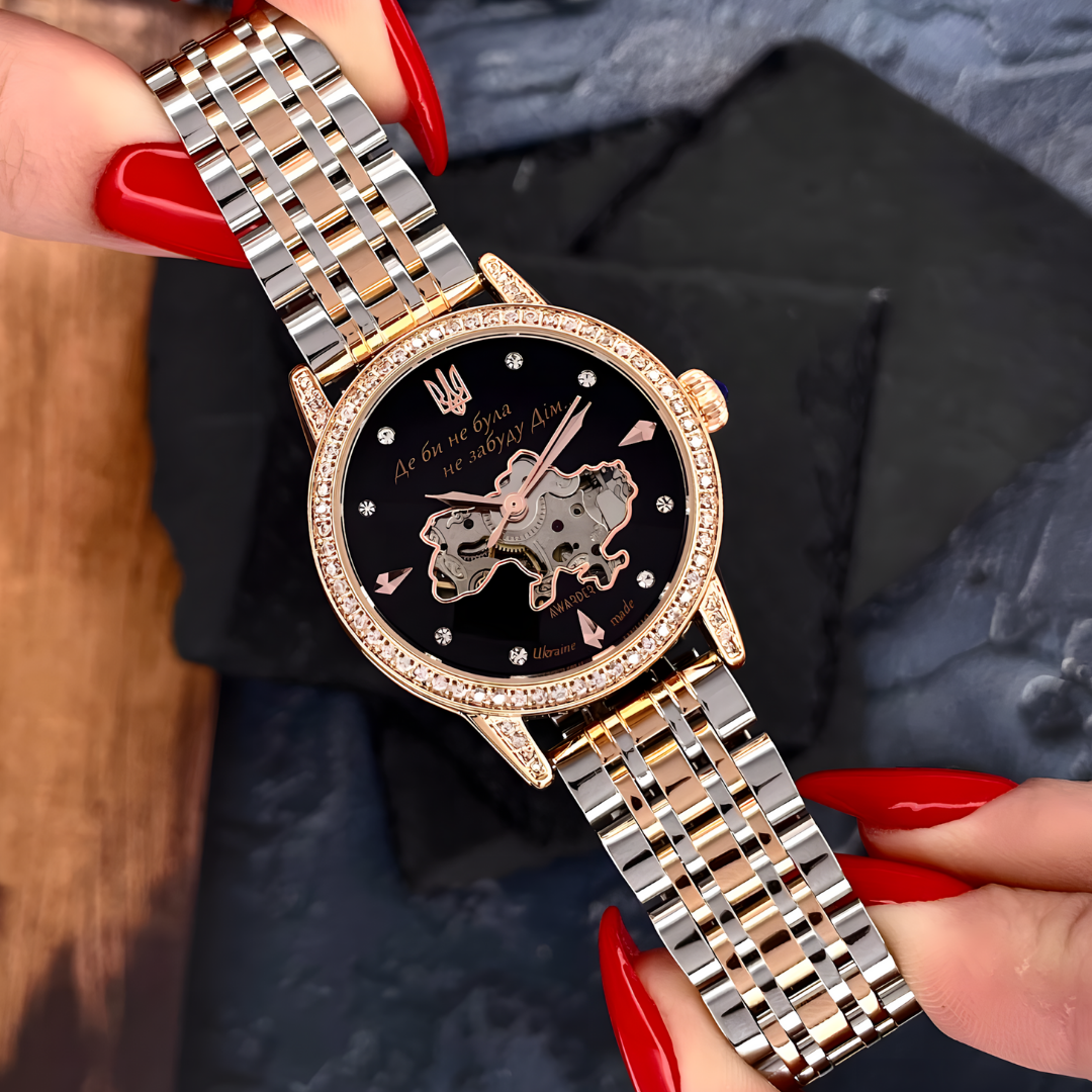 Наручные часы женские Awarder 3D с Гербом Украины патриотические механические со стразами круглые Золотой (1202-0530) - фото 10