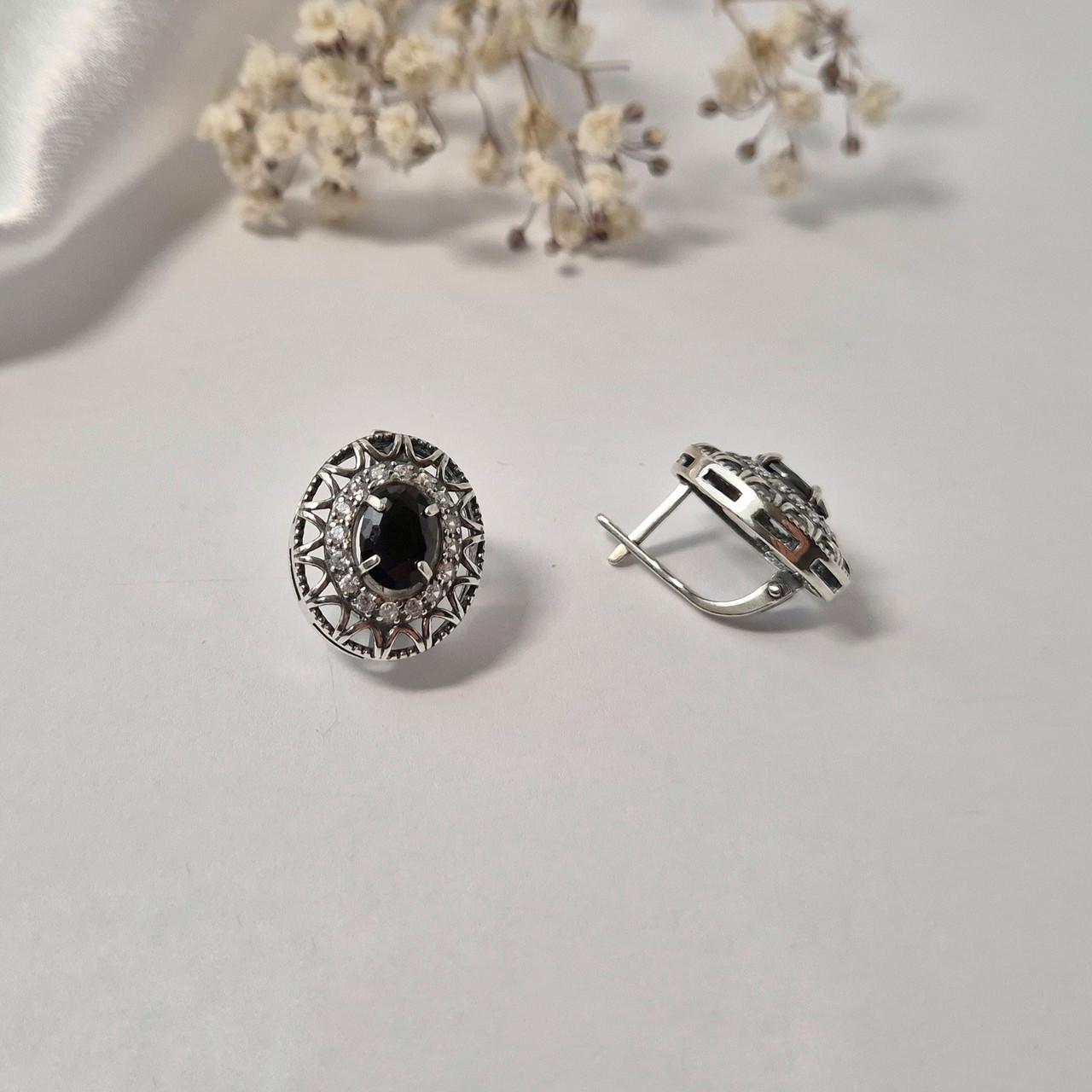 Серьги Овал с черным камнем серебро 925 пробы 5,76 г (72550ч)