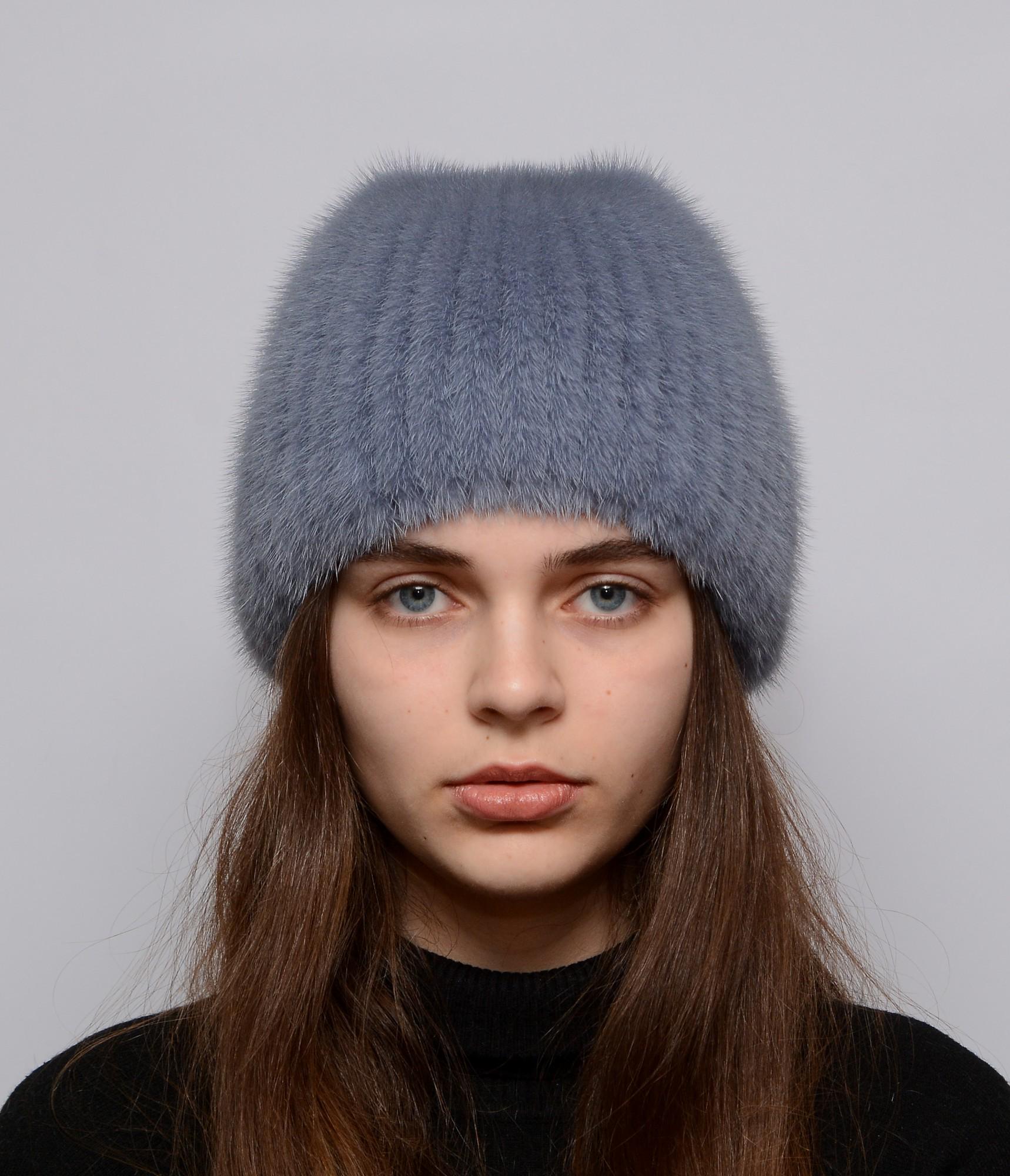 Жіноча шапка з в'язаної норки Хутряний стиль Метелик натуральне хутро XL-XXL Джинс (113/Н)