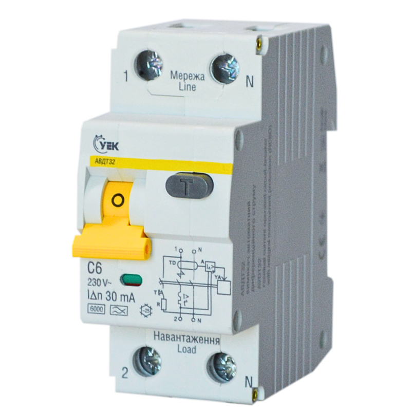 Выключатель дифференциальный УEK АВДТ32 2P 6A 30мА C тип А (MAD22-5-006-C-30-U)
