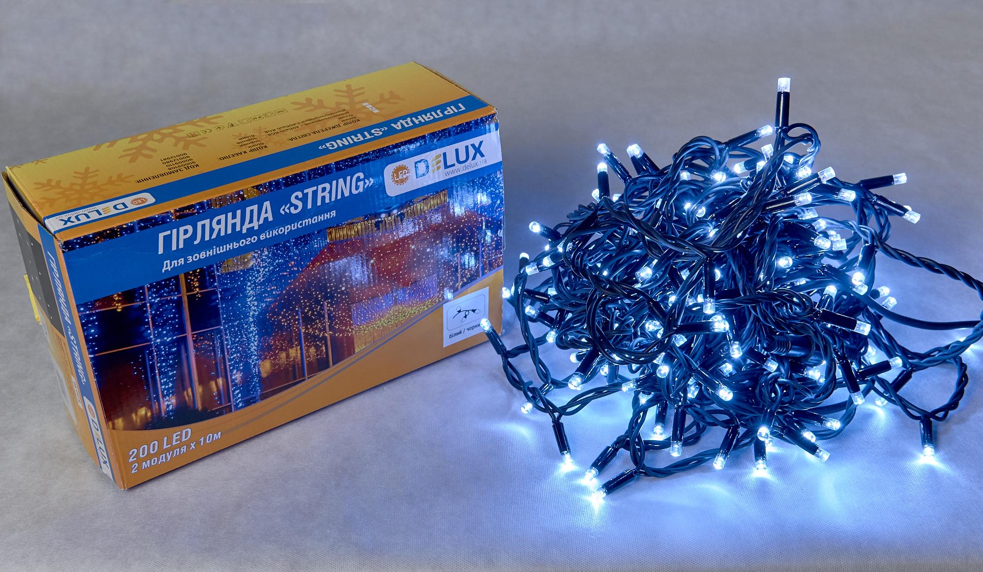 Гірлянда зовнішня Delux String 200 LED нитка 20 м 2x10 м IP44 EN Білий/Чорний (90009110)