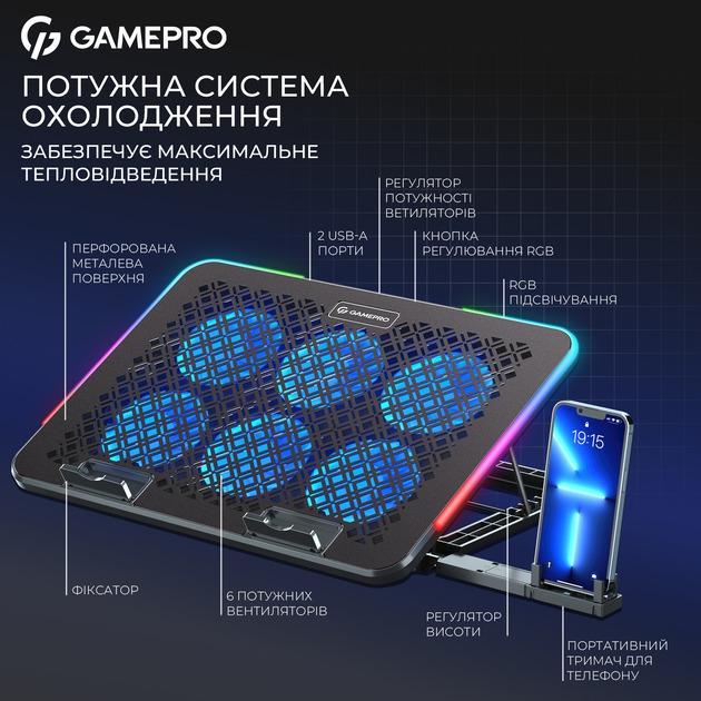 Подставка для ноутбука охлаждающая RGB с подставкой под телефон GamePro CP590 с USB портами 2 шт. Black (CP590) - фото 13