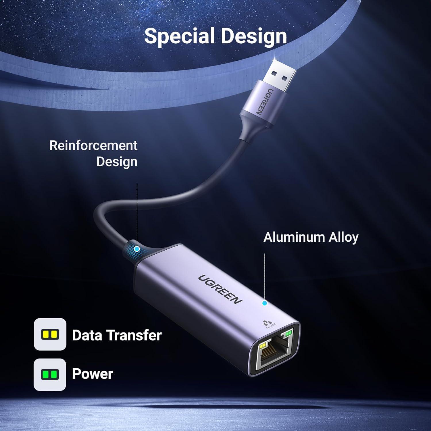 Сетевая карта UGREEN USB-Ethernet 1 Гбит/с LAN USB 3.0-RJ45 1000 Мбит/с металлический Серый (50922) - фото 4