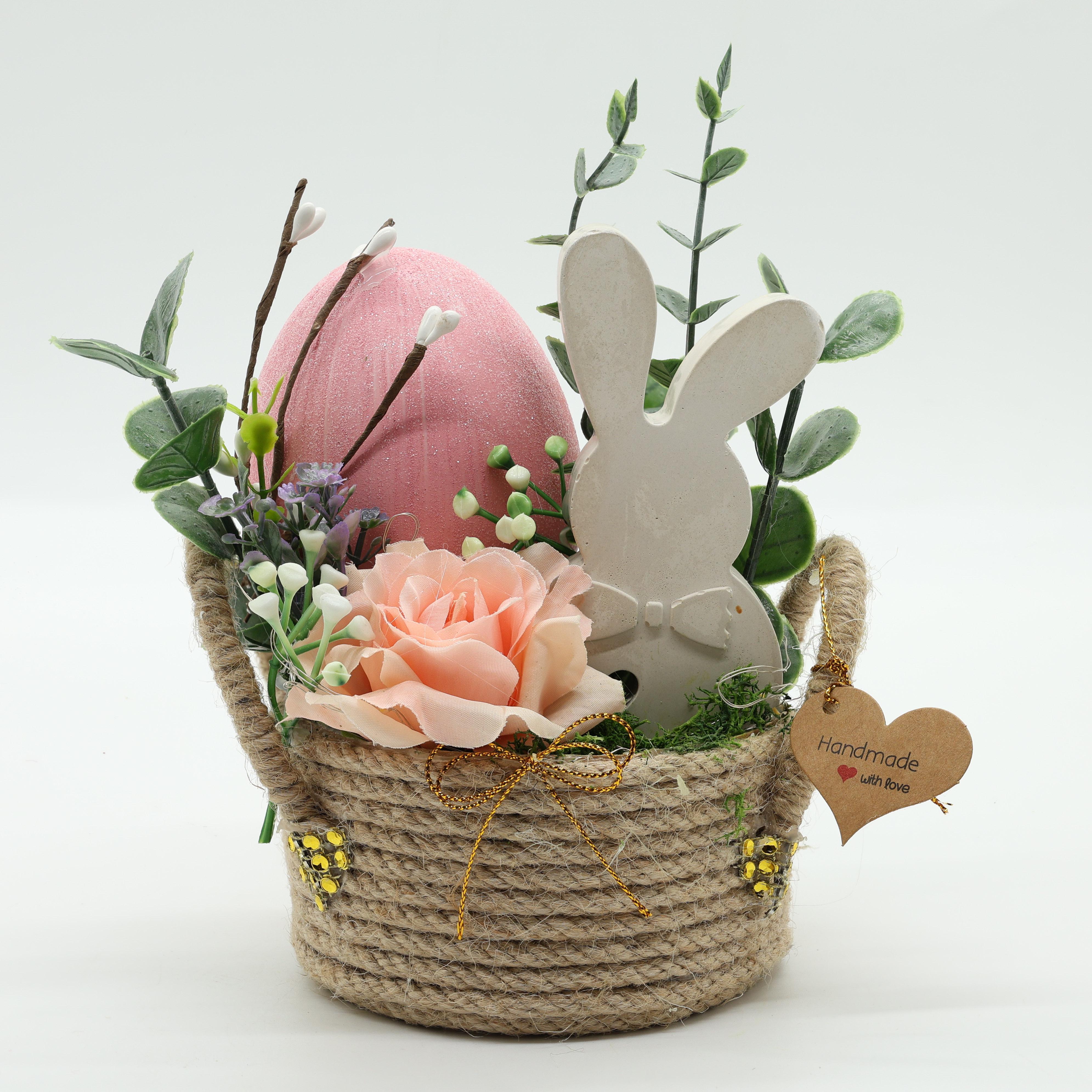 Великодня композиція GALA DECOR з зайчиком та рожевим пасхальним яйцем у кошику 15х15 см з підсвіткою