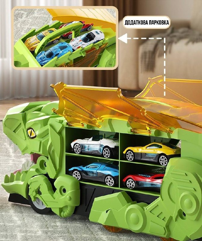 Мега трансформер Діно YM333-2 2в1 трейлер-автовоз з 3 машинками та бар'єрними аксесуарами для гри Зелений (2373698223) - фото 4 Мега трансформер Діно YM333-2 2в1 трейлер-автовоз з 3 машинками та бар'єрними аксесуарами для гри Зелений (2373698223) - фото 4