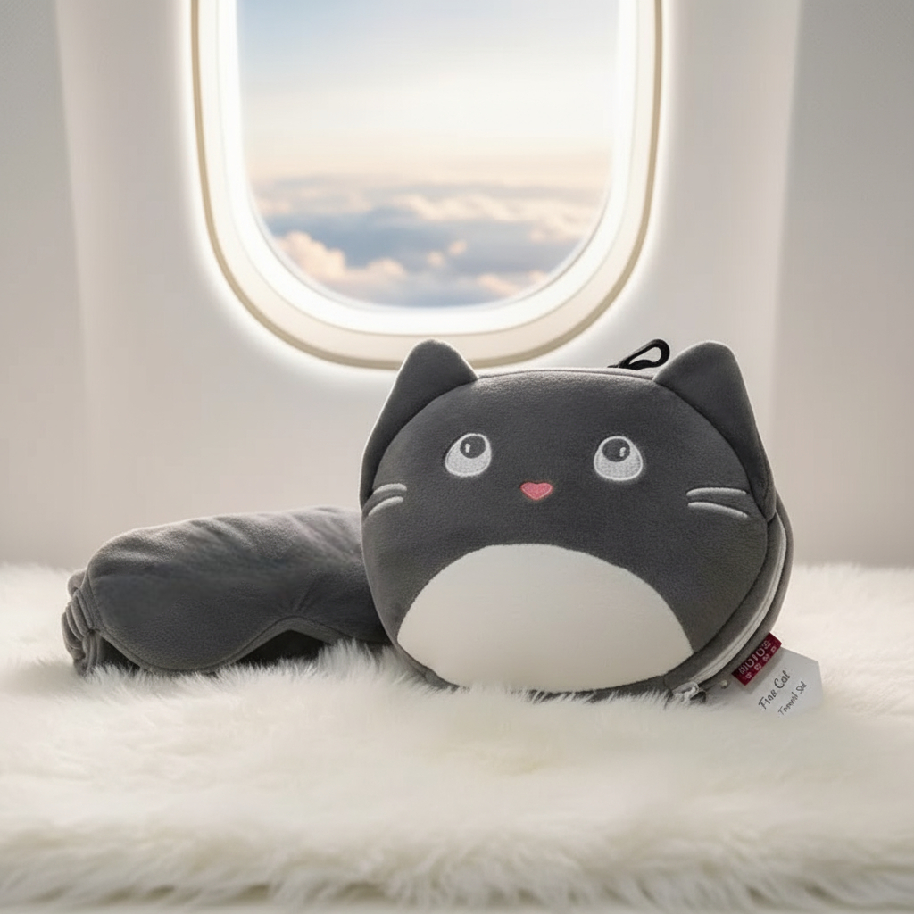 Набор дорожный Fine Cat 2в1 подушка-трансформер и маска для сна 16х13х10 см Серо-белый (HP-56-23G)