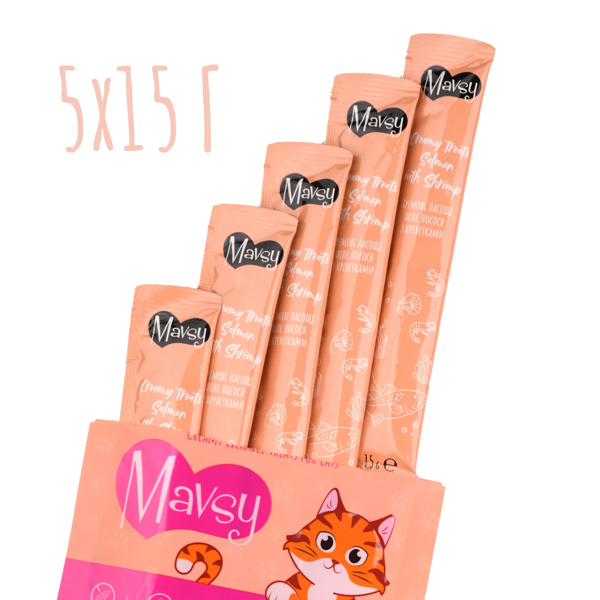 Ласощі для котів MAVSY Creamy lickable treats salmon with shrimp for cats Лосось з креветками 5 шт. 15 г (13501968) - фото 4 Ласощі для котів MAVSY Creamy lickable treats salmon with shrimp for cats Лосось з креветками 5 шт. 15 г (13501968) - фото 4